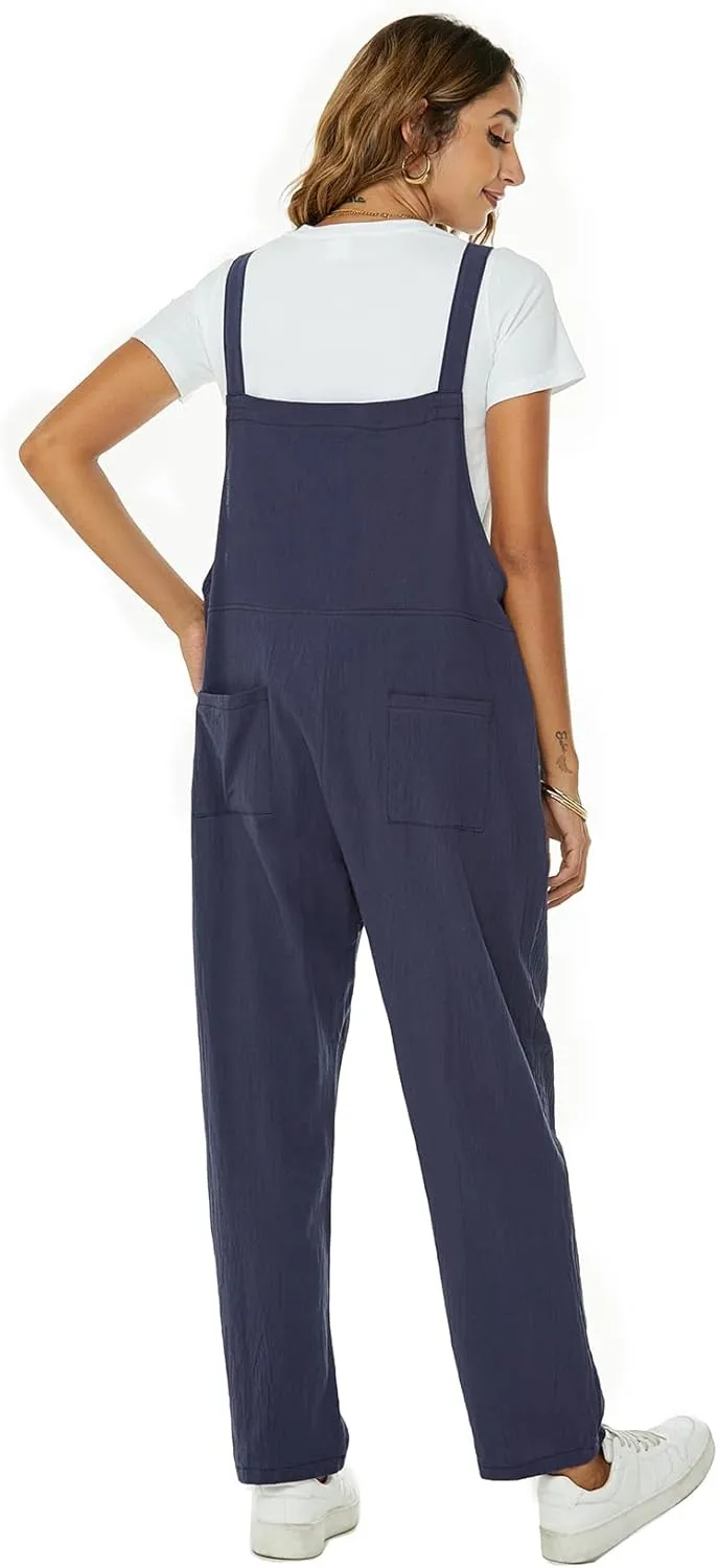 Flygo Womens Overalls Cotton Linen Overalls for Women Loose Fit Harem Wide Leg Jumpsuit with Pockets