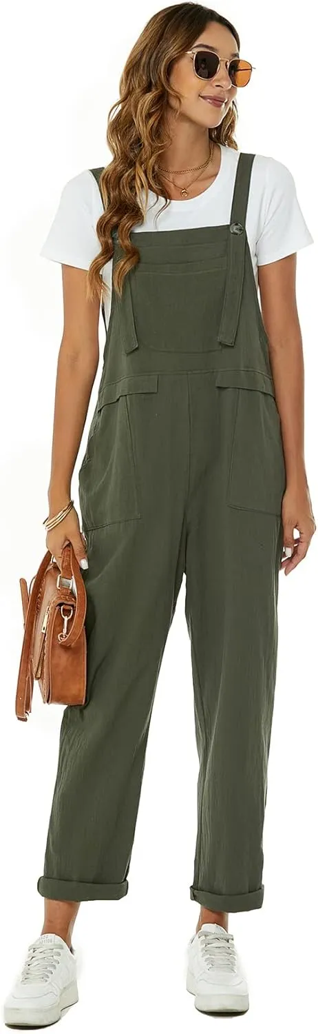 Flygo Womens Overalls Cotton Linen Overalls for Women Loose Fit Harem Wide Leg Jumpsuit with Pockets