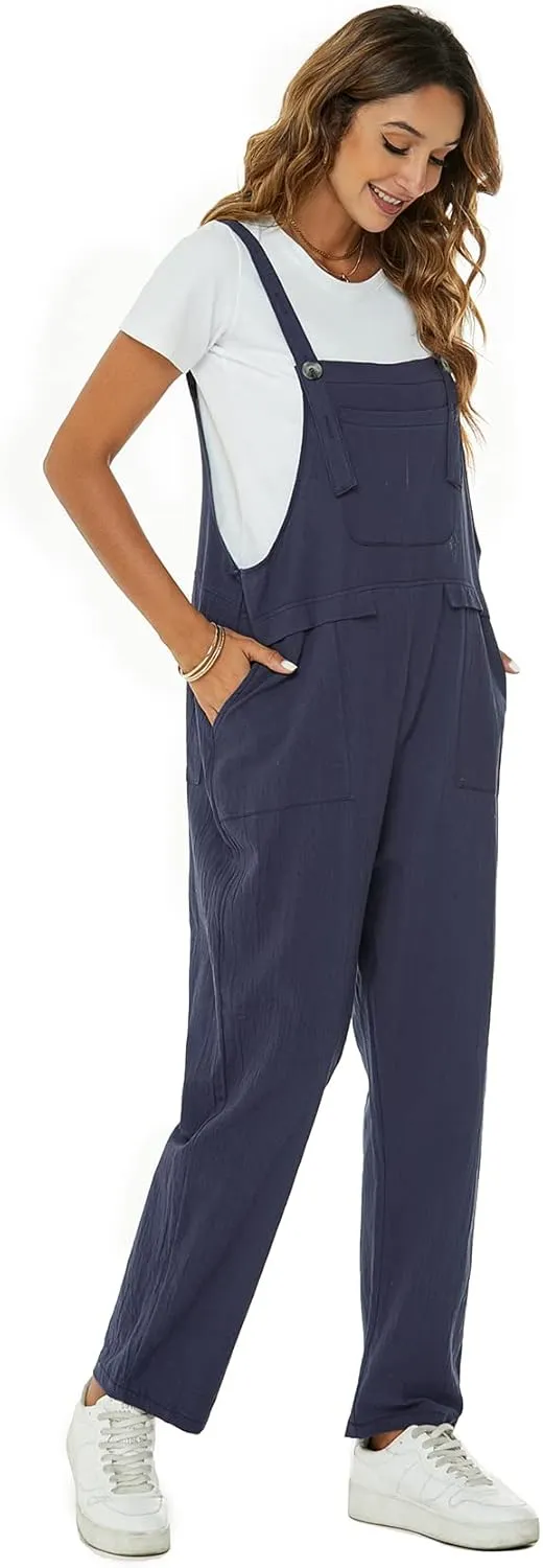 Flygo Womens Overalls Cotton Linen Overalls for Women Loose Fit Harem Wide Leg Jumpsuit with Pockets
