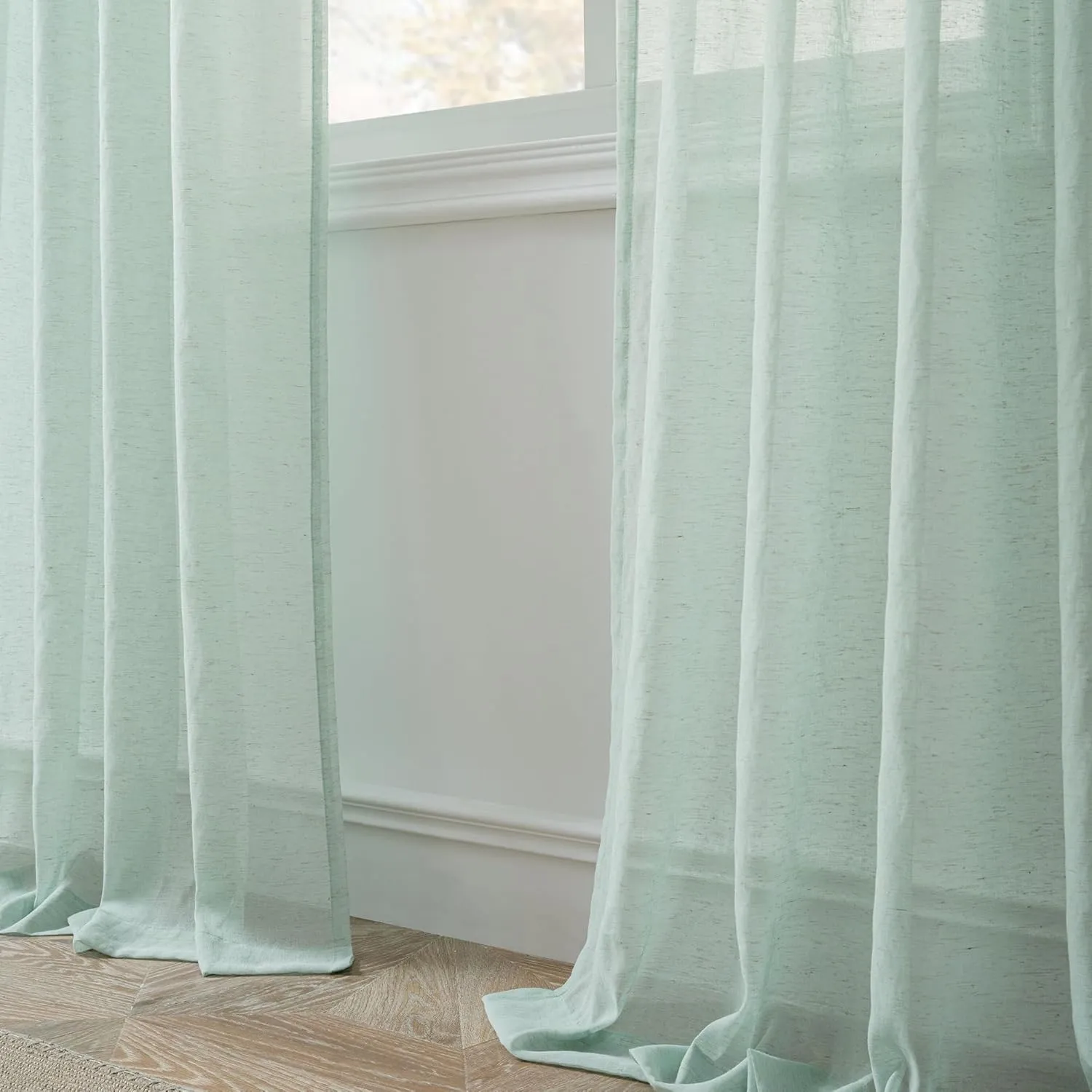 FMFUNCTEX Linen Sheer Curtains for Bedroom, Sage Green Curtains 96 inches Long for Living Room, Farmhouse French Flax Blend Window Draperies, Rod Pocket 2 Panels Set