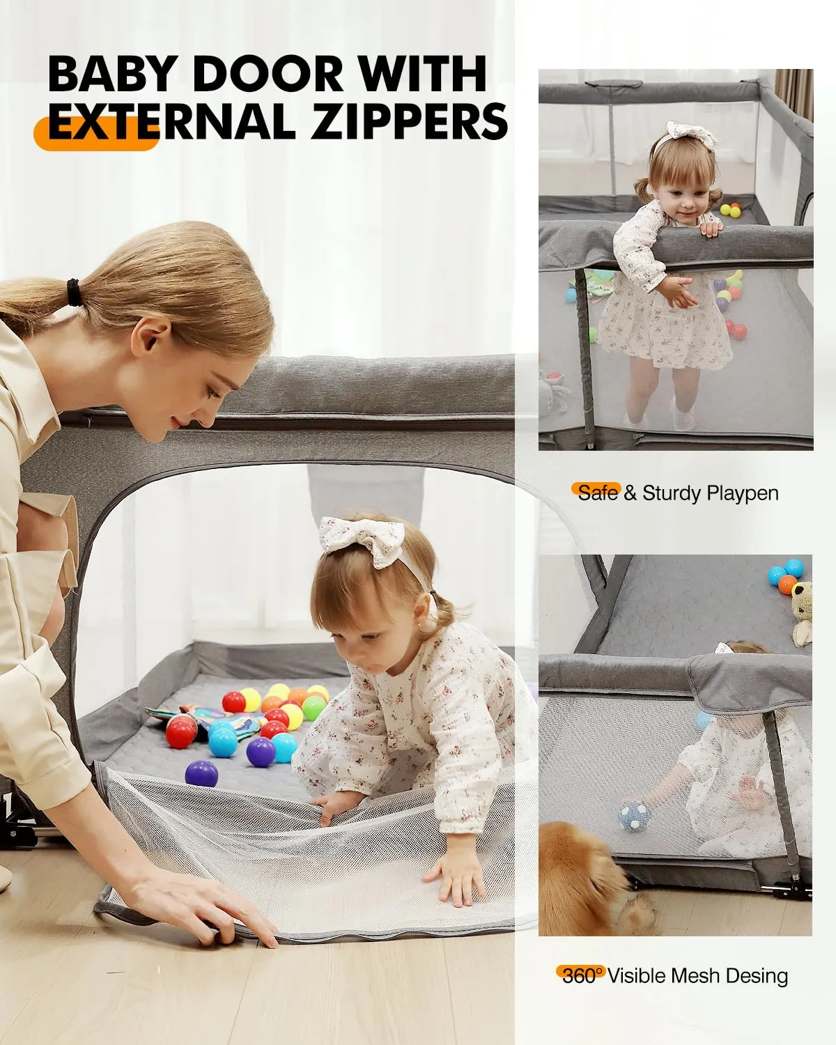 Foldable Baby Playpen with Non-Removable Thick Mat, Extra Large Collapsible Play Yard for Babies & Toddlers, Portable Travel Playpen with Gate, Safe Activity Center (59"×71" Grey)