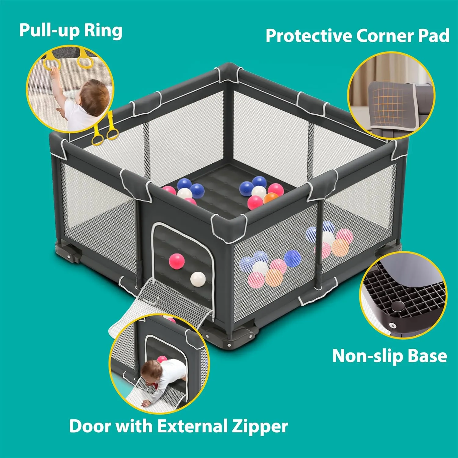 Foldable Playpen for Babies and Toddlers, 50x50 Inches Portable Playpen, Kids Collapsible Play Pen with 2 Handlers, Indoor & Outdoor Baby Fence Play Area with Visible Mesh, Dark Gray