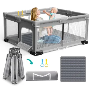 Foldable Playpen for Babies and Toddlers, 71"x59" Inches Portable Playpen with Mat, Kids Collapsible Play Pen with 2 Handlers, Indoor & Outdoor Baby Play Area with Visible Mesh (Light Gray)
