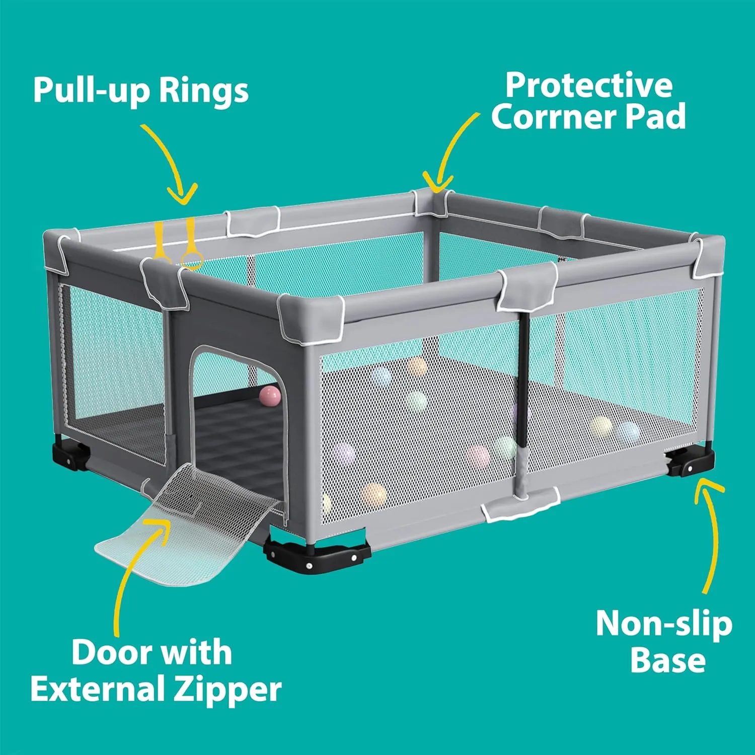 Foldable Playpen for Babies and Toddlers, 71"x59" Inches Portable Playpen with Mat, Kids Collapsible Play Pen with 2 Handlers, Indoor & Outdoor Baby Play Area with Visible Mesh (Light Gray)