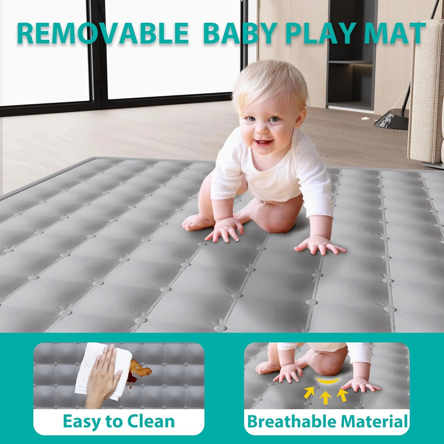 Foldable Playpen for Babies and Toddlers, 71"x59" Inches Portable Playpen with Mat, Kids Collapsible Play Pen with 2 Handlers, Indoor & Outdoor Baby Play Area with Visible Mesh (Light Gray)