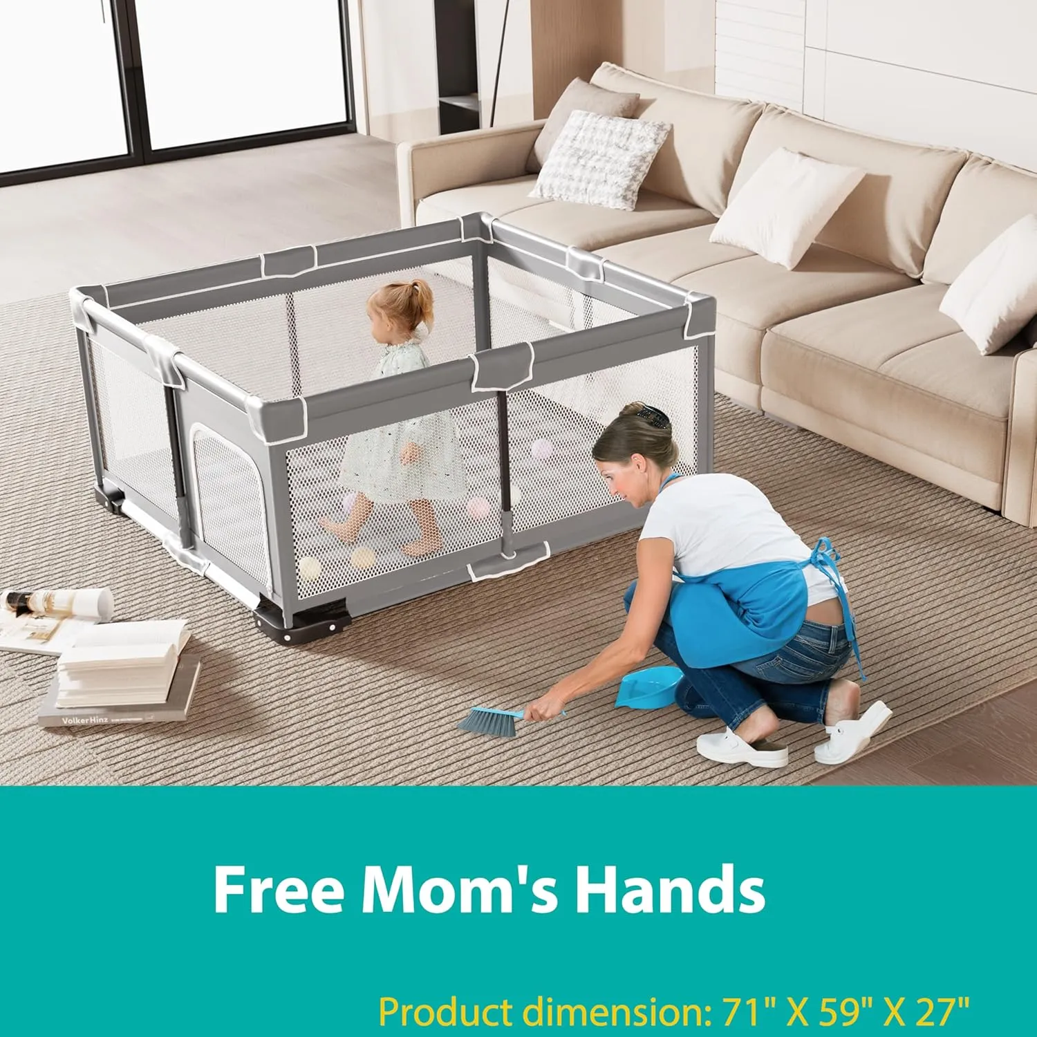 Foldable Playpen for Babies and Toddlers, 71"x59" Inches Portable Playpen with Mat, Kids Collapsible Play Pen with 2 Handlers, Indoor & Outdoor Baby Play Area with Visible Mesh (Light Gray)