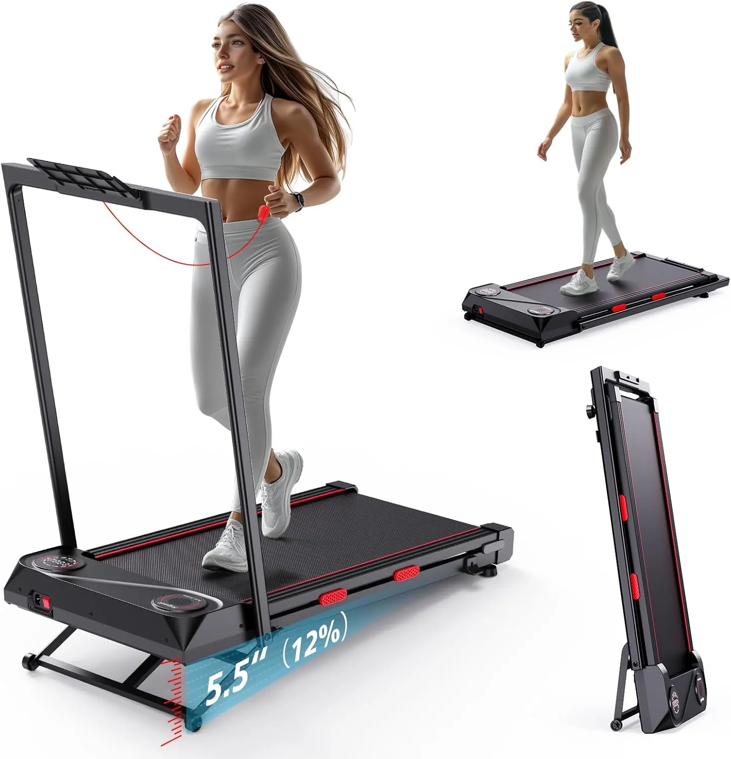 Foldable Treadmill Walking Pad with Auto Incline, 6-Level 12% Portable Under Desk Treadmill for Home Office, 2 in 1 330lbs Capacity Heavy Duty with Handle Bar, 2.5HP Quiet, Upright Space-Saving