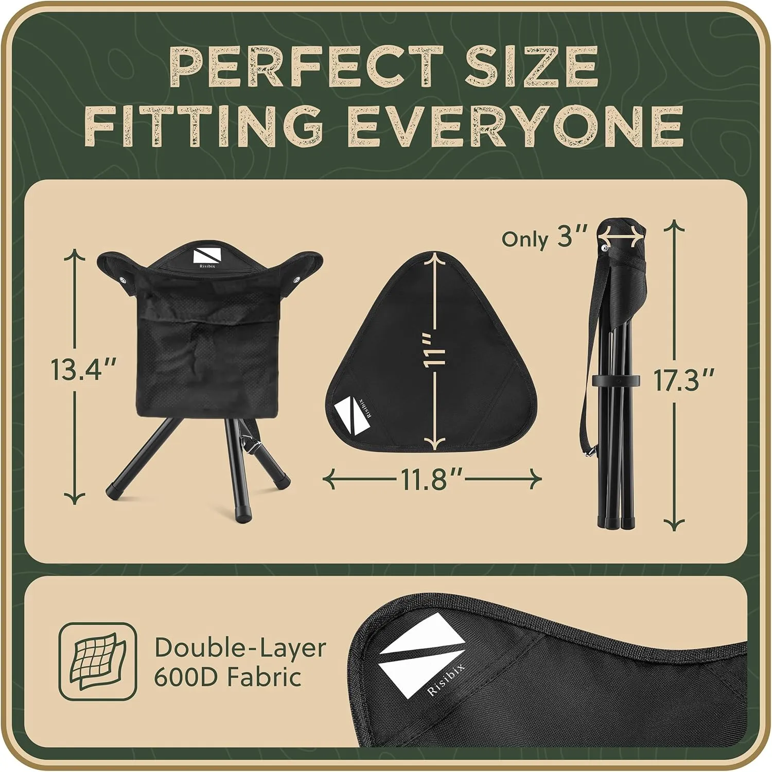 Foldable Tripod 13.4'' Stool - Ultra Portable Seat, Best for Youth Pocket - 1 lb Camping Stool, 3 Legged Strong Steel Stool, Height: 13.4 inches (Black)