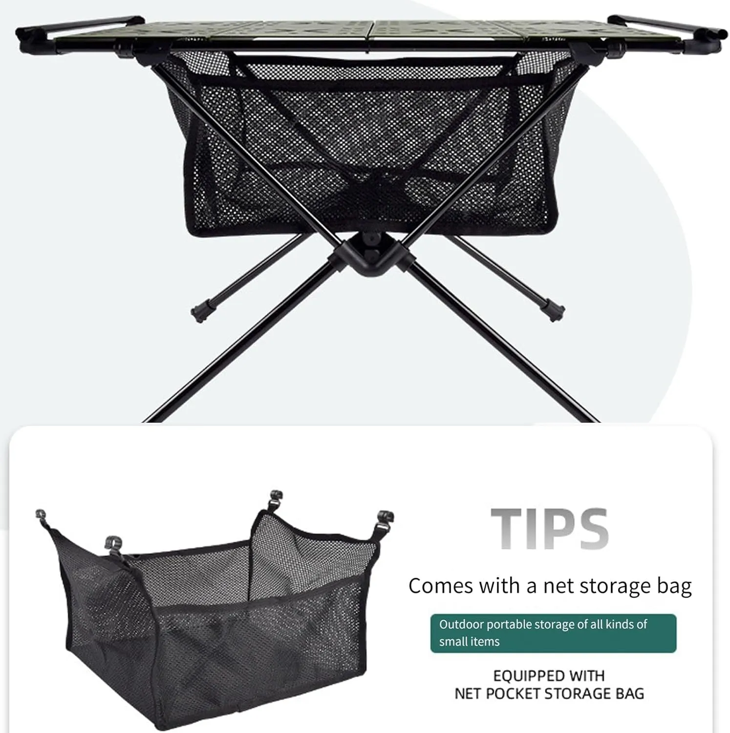 Folding Camping Table, Lightweight Aluminum Portable Beach Table Side Table with Mesh Storage, with Carry Bag, Foldable Camp Table, 20kg Capacity, for Outdoor Activities, Picnic, Camping, Hiking Blac