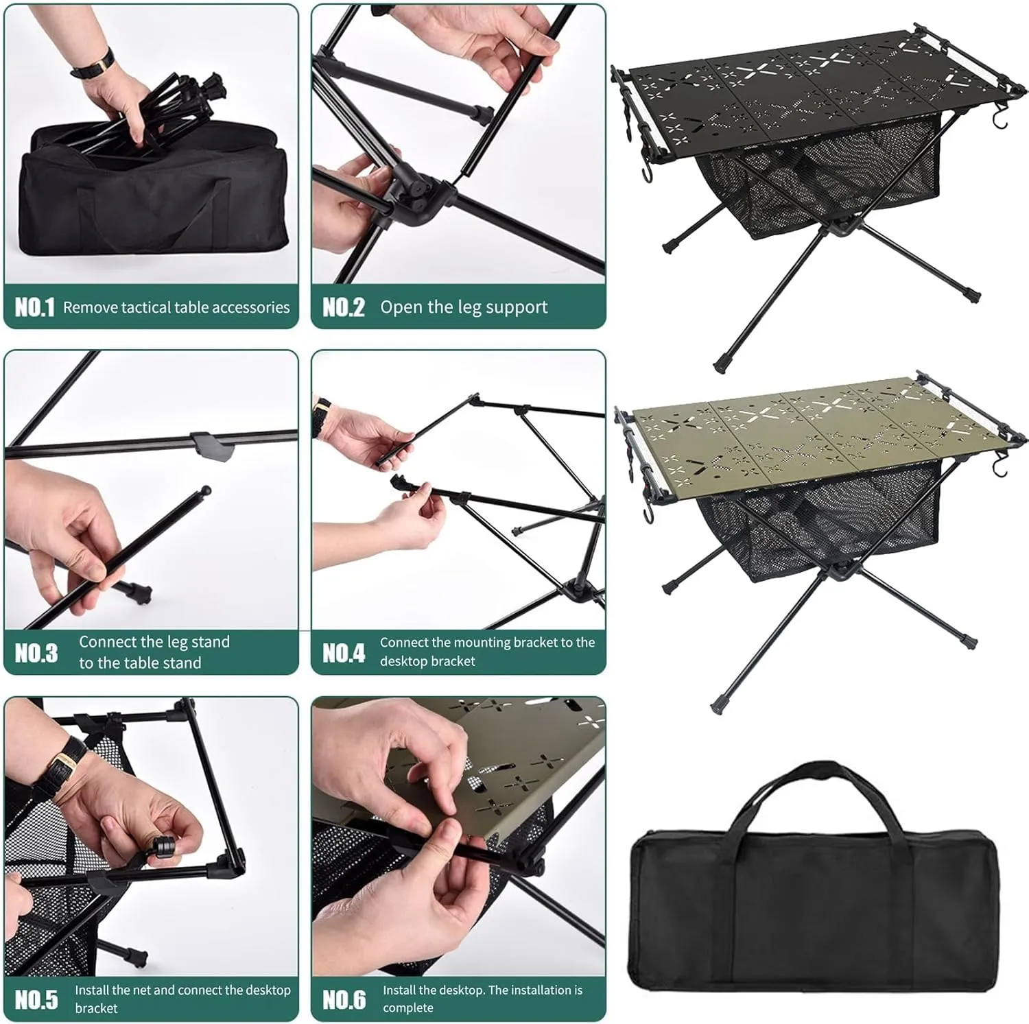 Folding Camping Table, Lightweight Aluminum Portable Beach Table Side Table with Mesh Storage, with Carry Bag, Foldable Camp Table, 20kg Capacity, for Outdoor Activities, Picnic, Camping, Hiking Blac