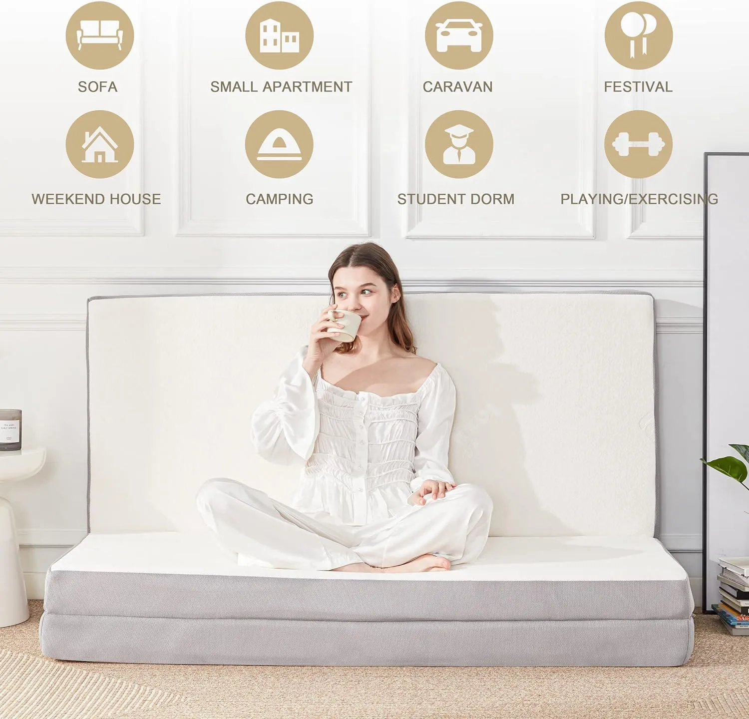 Folding Mattress, 4 Inch Memory Foam Foldable Mattress with Breathable & Washable Bamboo Fiber Fabric Cover, Tri-fold Floor Mattress Guest Bed for Camping, Road Trip, Queen