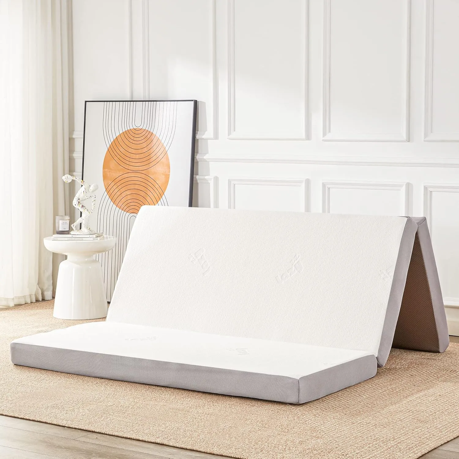 Folding Mattress, 4 Inch Memory Foam Foldable Mattress with Breathable & Washable Bamboo Fiber Fabric Cover, Tri-fold Floor Mattress Guest Bed for Camping, Road Trip, Queen