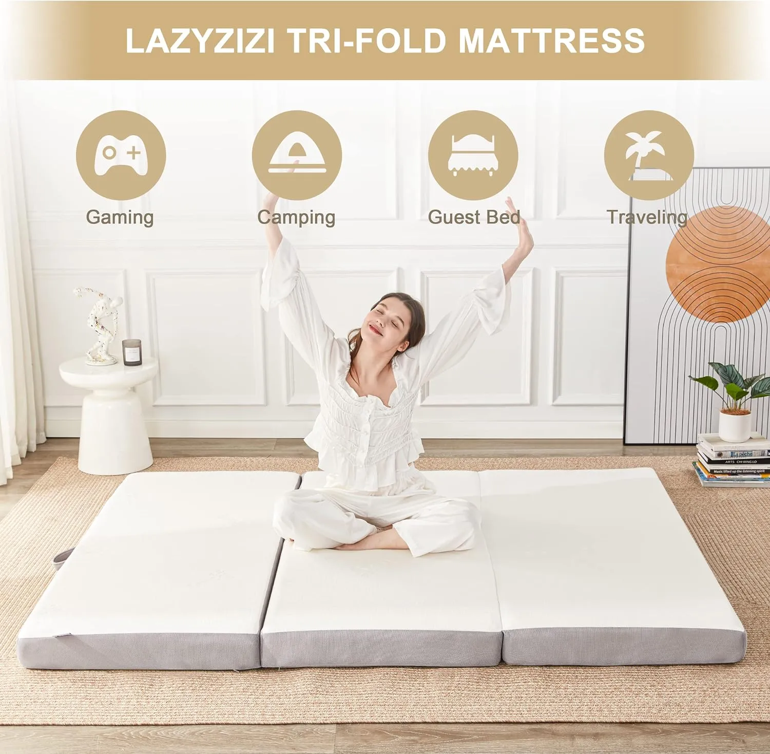 Folding Mattress, 4 Inch Memory Foam Foldable Mattress with Breathable & Washable Bamboo Fiber Fabric Cover, Tri-fold Floor Mattress Guest Bed for Camping, Road Trip, Queen