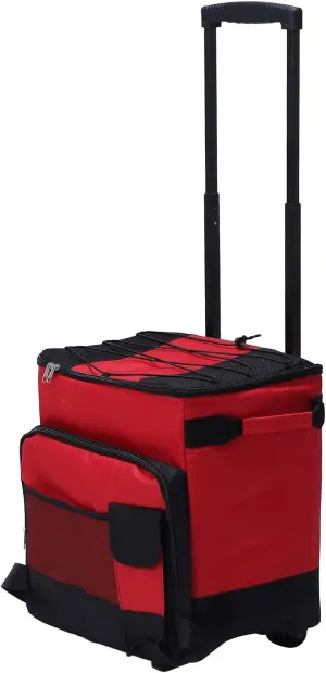 Folding Rolling Cooler 43L Large Capacity Insulated Box for Camping Picnic Red, Adjustable Height Cooler with Wheels for Traveling