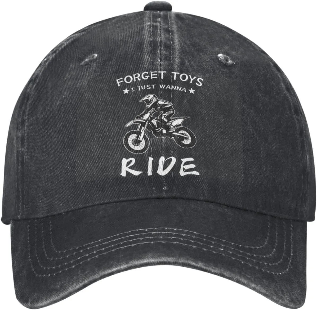 Forget Toys I Just Wanna Ride Dirt Bike Rider Motocross Cool Washed Denim Baseball Cap, Adjustable Fit for Men & Women, A Must-Have for Your Everyday Look Black