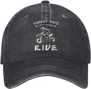 Forget Toys I Just Wanna Ride Dirt Bike Rider Motocross Cool Washed Denim Baseball Cap, Adjustable Fit for Men & Women, A Must-Have for Your Everyday Look Black
