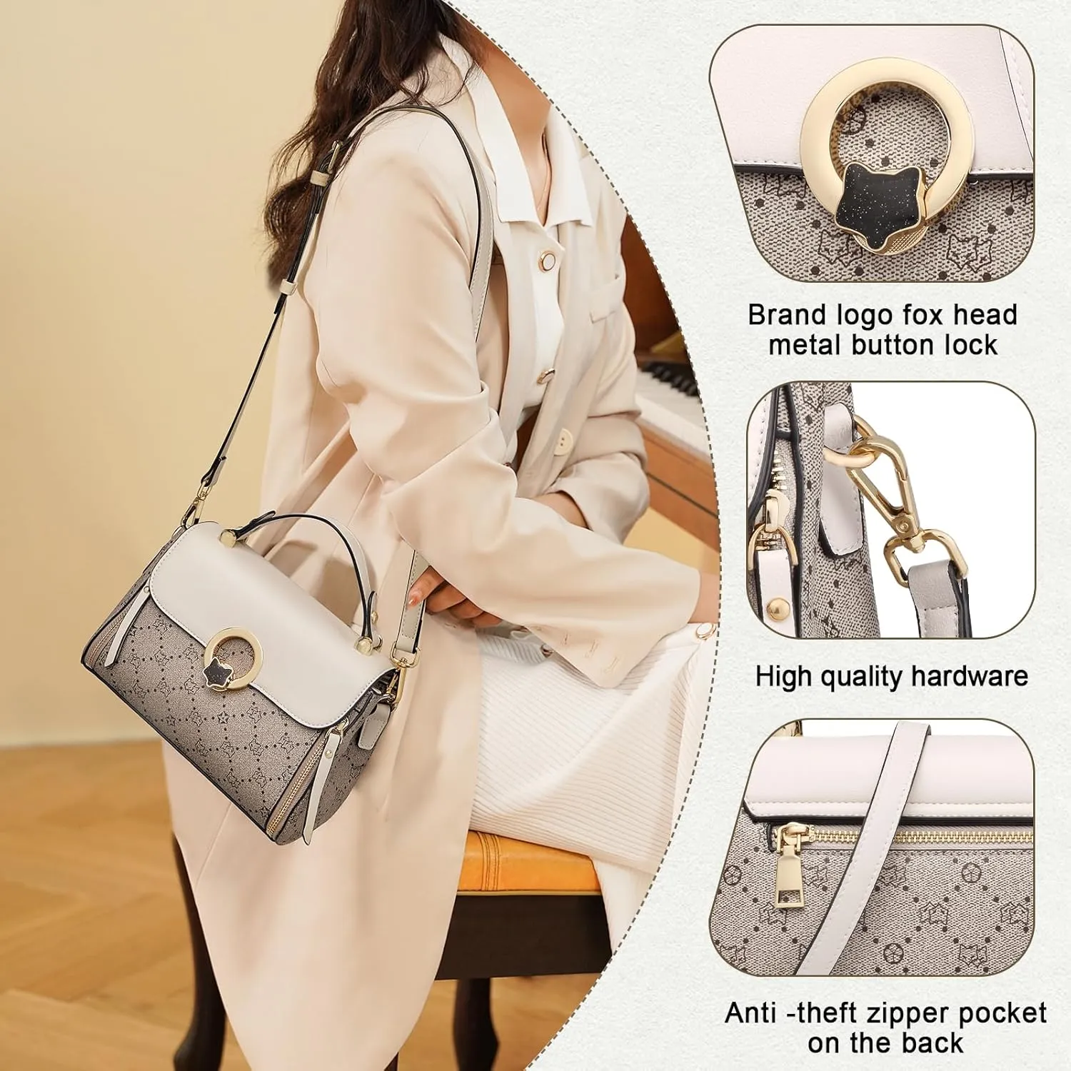 FOXLOVER Small Crossbody Bag for Women PVC Leather Detachable Strap Lightweight Twist Lock Flap