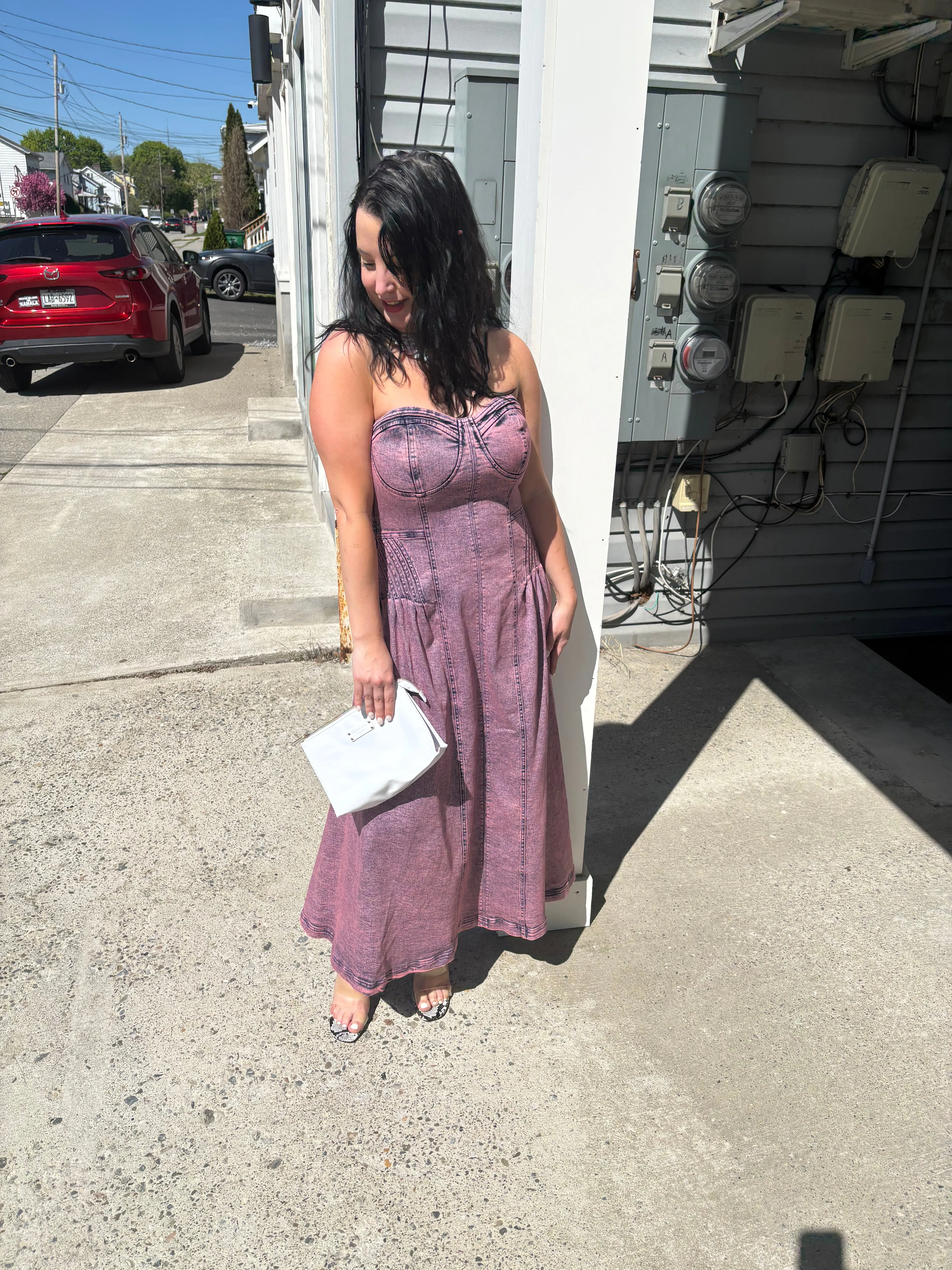 Free People Pink Denim Wash Strapless Dress