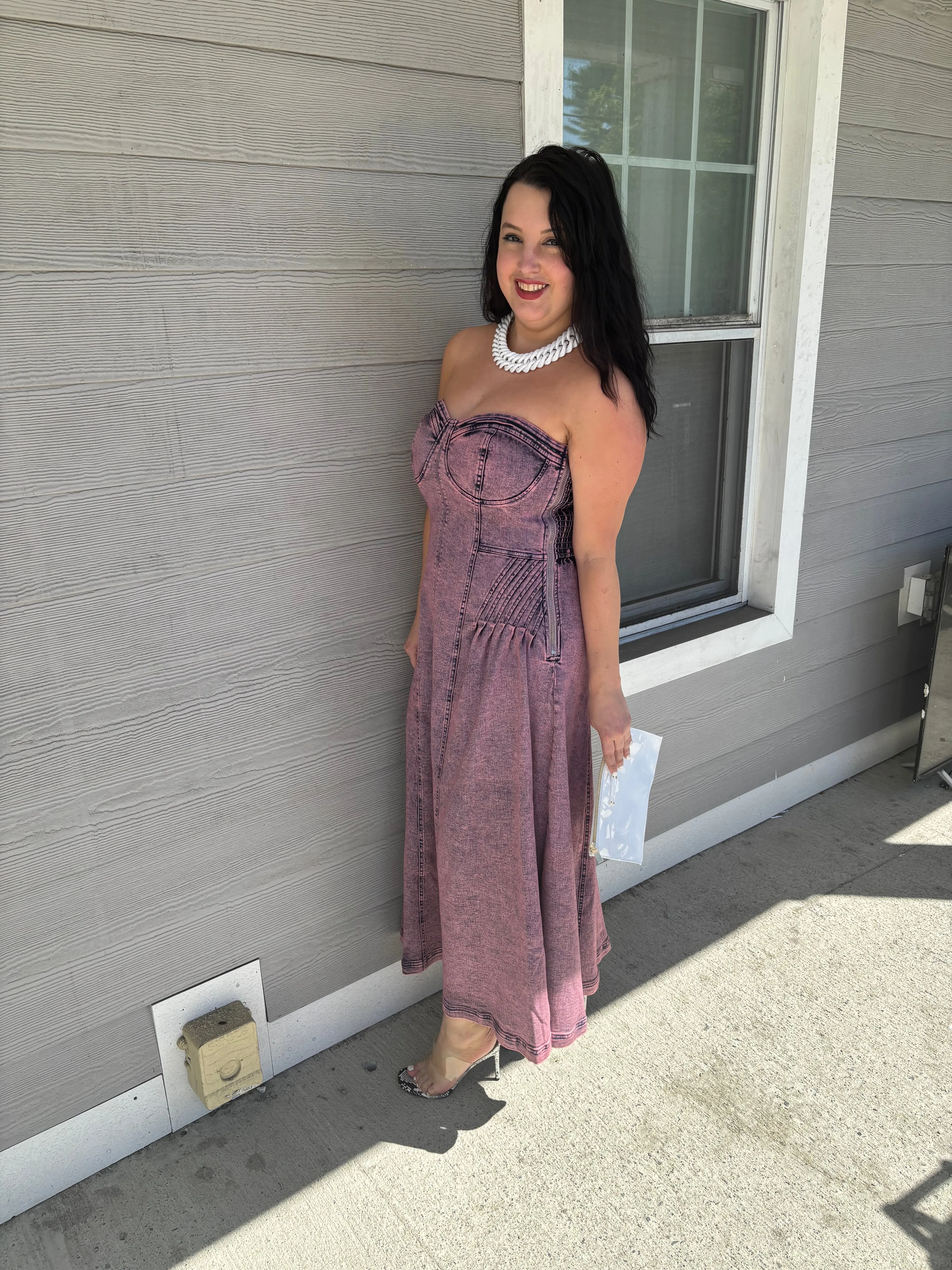 Free People Pink Denim Wash Strapless Dress