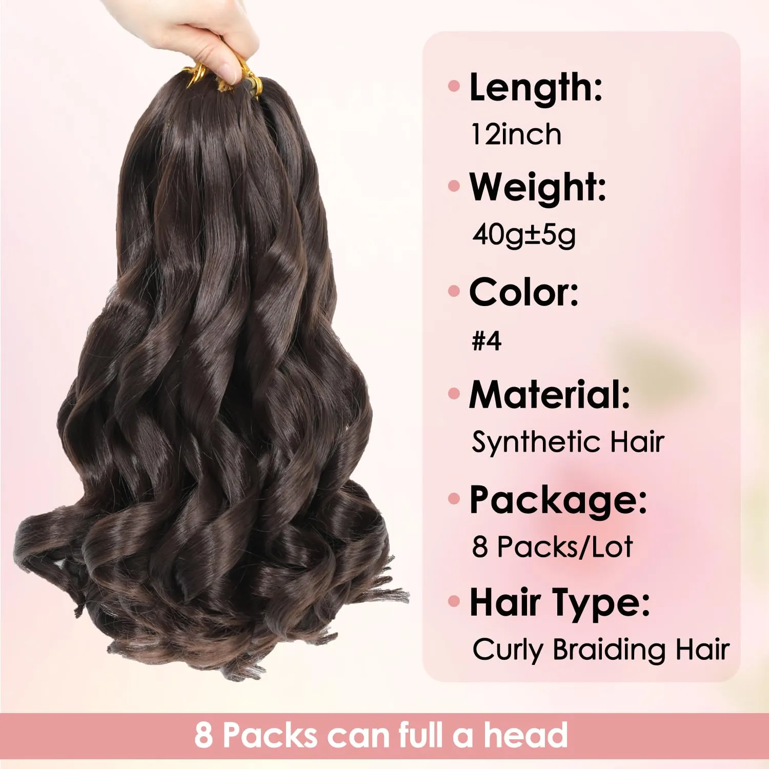 French Curl Braiding Hair 40g/Pack Pre Stretched Synthetic Spiral Curly Crochet Hair Natural Black Yaki Curly Hair 12 Inch Curly End Hair Extensions for Black Women (12 Inch,8 Packs,#4)