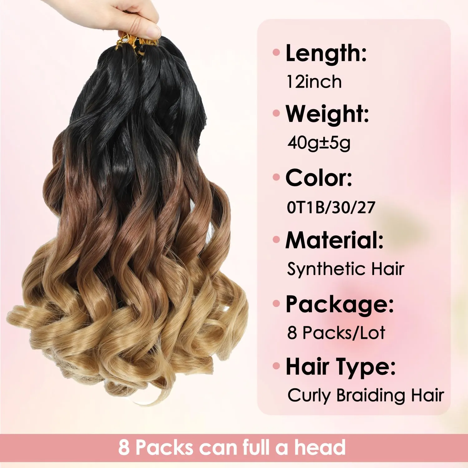 French Curl Crochet Hair For Women 12 Inch Crochet Braids With Curly Ends Hair Extensions Crochet Hair Pre Stretched French Curl Crochet Short Hair (12 Inch,8 Packs, OT1B/30/27)