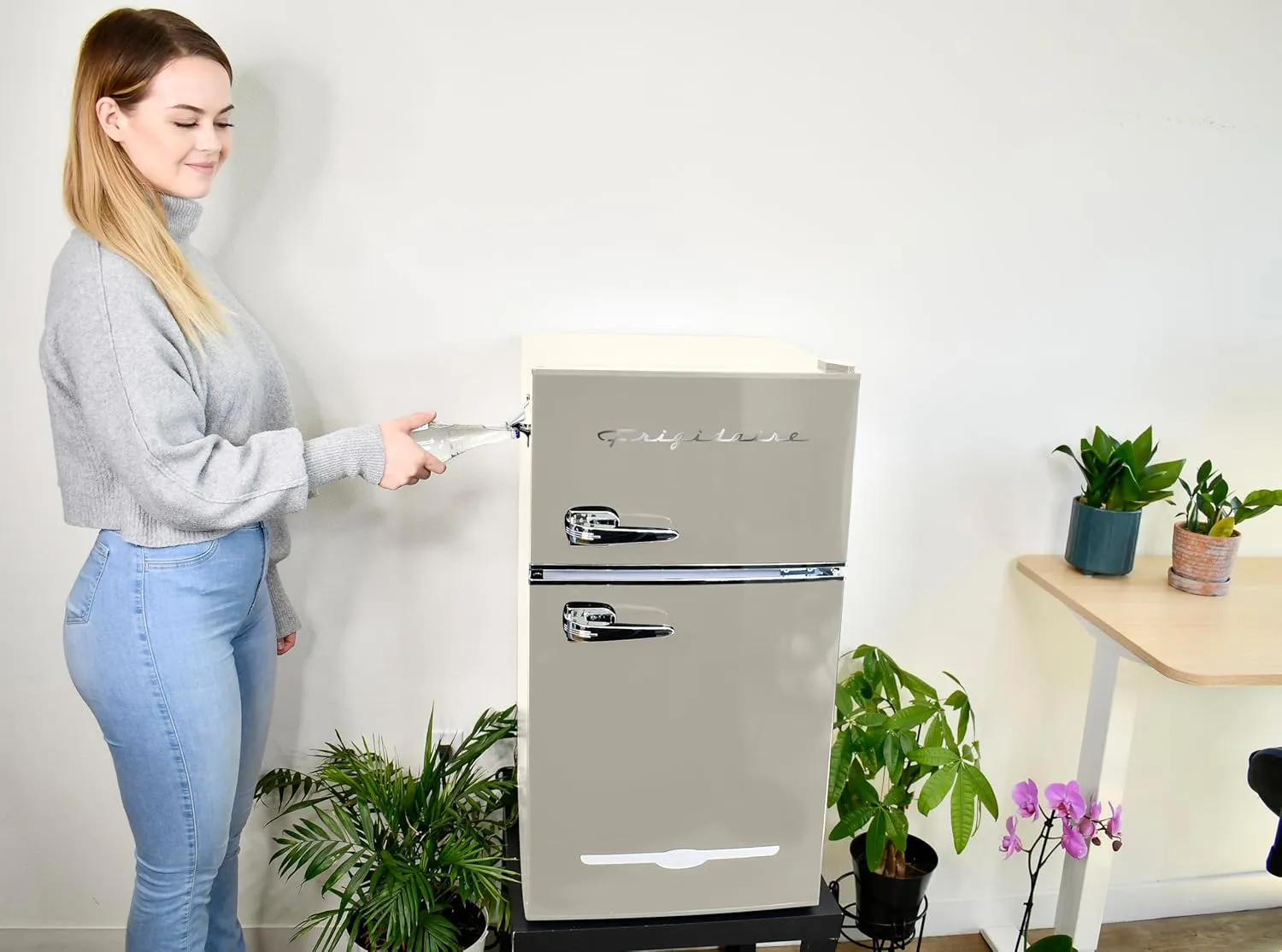 Frigidaire EFR840-Cream EFR840 Retro Mini Fridge with Freezer & Side Bottle Opener-Small 2 Door Refrigerator for Office Bar or College Dorm Room-3.1 Cu Ft – 19”"D x 20.5" W x 33.5" H (Cream)