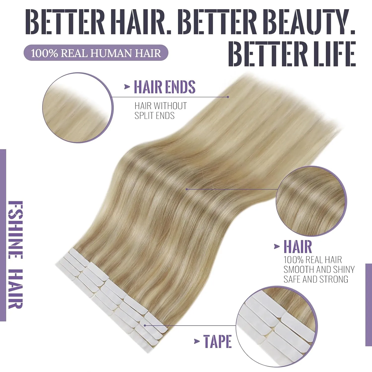 Fshine Blonde Tape in Hair Extensions Human Hair Dark Ash Blonde Highlighted with Golden Blonde Remy Hair Tape in Extensions 12 Inch Silky Straight Hair Extensions Tape in Real Human Hair 20pcs 30g