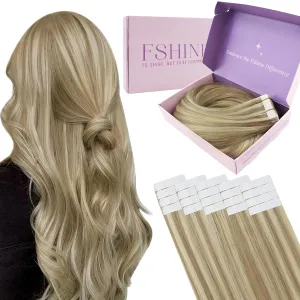 Fshine Blonde Tape in Hair Extensions Human Hair Dark Ash Blonde Highlighted with Golden Blonde Remy Hair Tape in Extensions 12 Inch Silky Straight Hair Extensions Tape in Real Human Hair 20pcs 30g