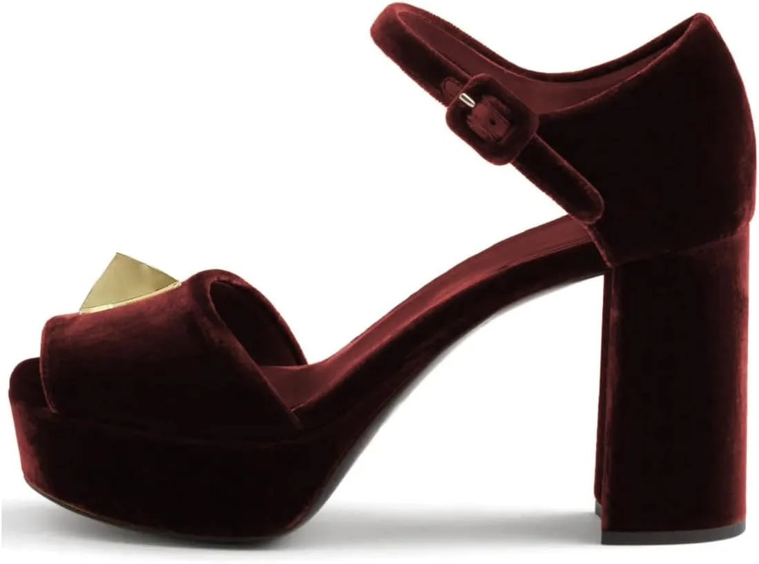 FSJ Women Luxury Velvet Heeled Sandals Gold Accents Peep Toe Ankle Strap Platform Chunky Heel Evening Dress Shoes Size 4-16 US
