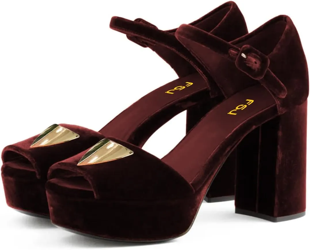 FSJ Women Luxury Velvet Heeled Sandals Gold Accents Peep Toe Ankle Strap Platform Chunky Heel Evening Dress Shoes Size 4-16 US