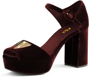 FSJ Women Luxury Velvet Heeled Sandals Gold Accents Peep Toe Ankle Strap Platform Chunky Heel Evening Dress Shoes Size 4-16 US