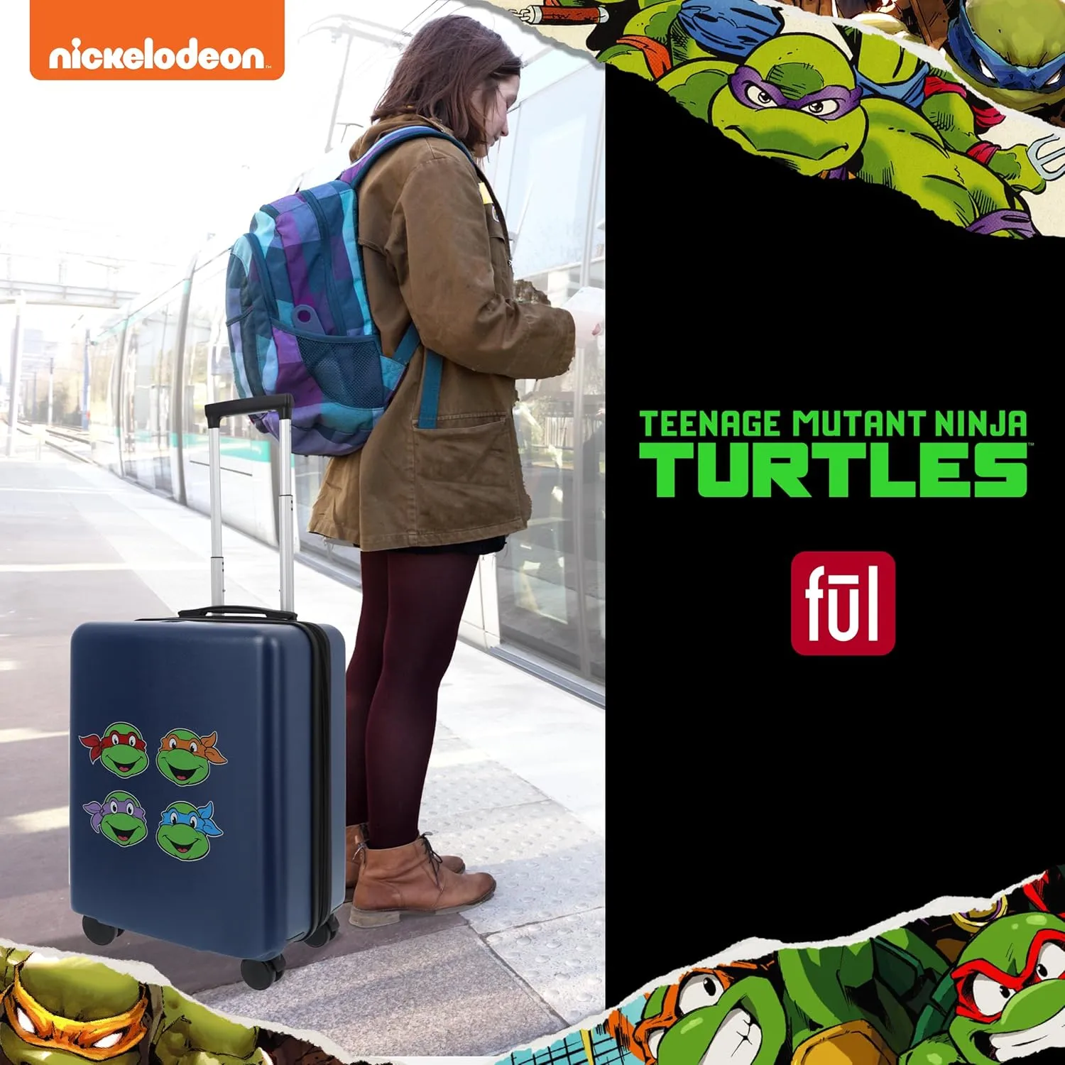 FUL Teenage Mutant Ninja Turtles 22.5 Inch Carry On Luggage, Suitcase with Spinner Wheels, Blue
