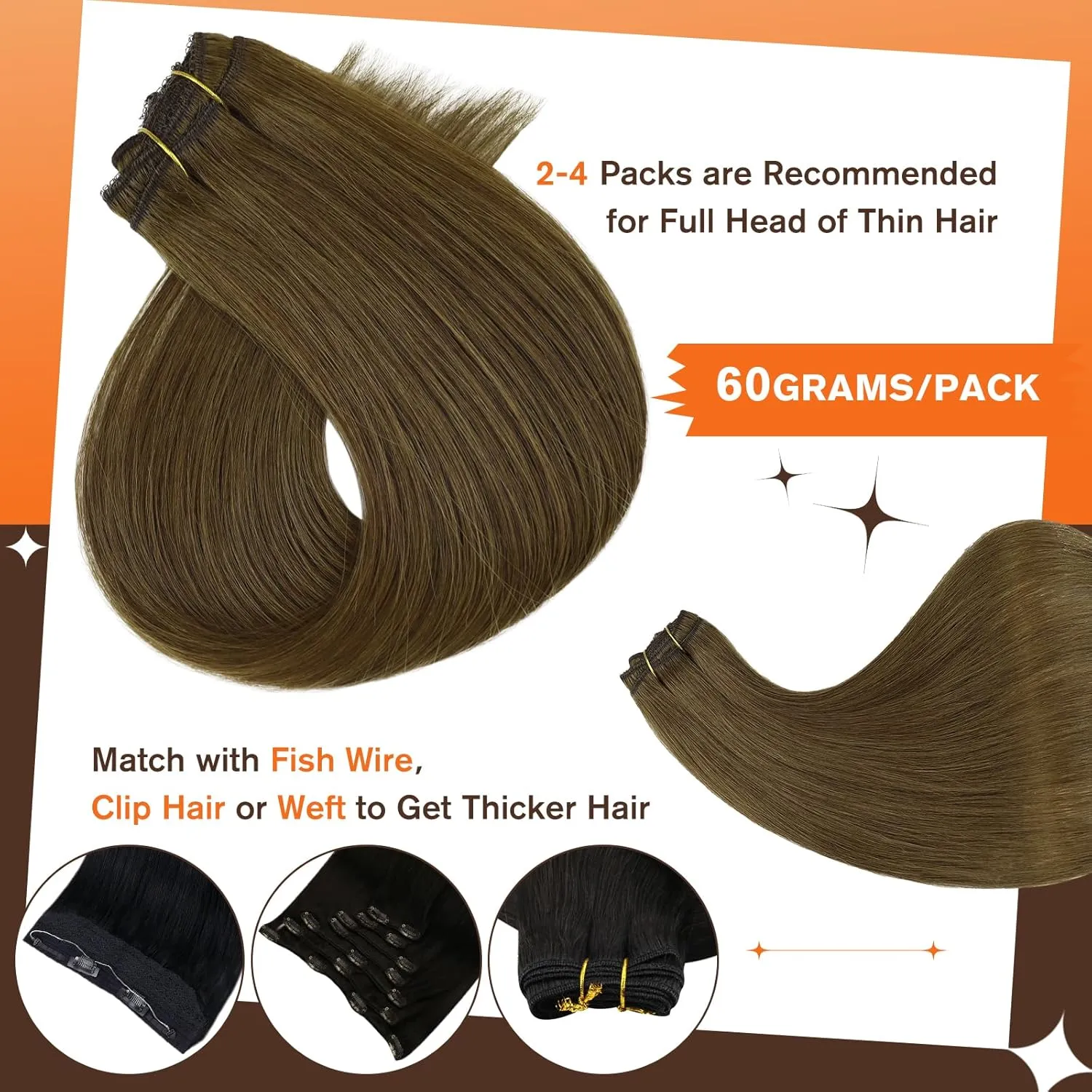 Full Shine Clip in Hair Extensions Human Hair Clip in Brown Hair Extensions Medium Brown for Short Invisible Hair Clip in Extensions for Women Silky Straight 10 Inch 60 grams 3Pcs