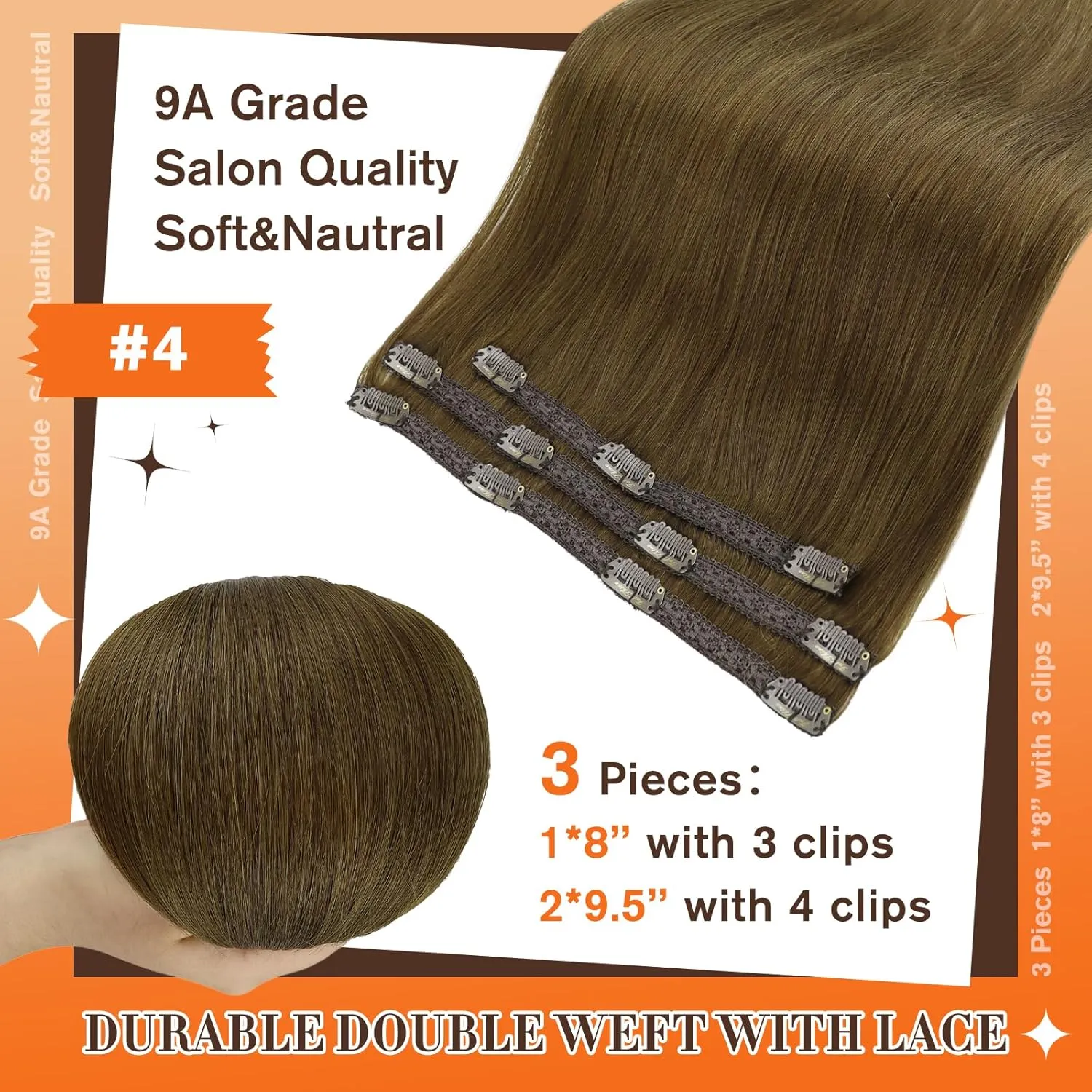 Full Shine Clip in Hair Extensions Human Hair Clip in Brown Hair Extensions Medium Brown for Short Invisible Hair Clip in Extensions for Women Silky Straight 10 Inch 60 grams 3Pcs