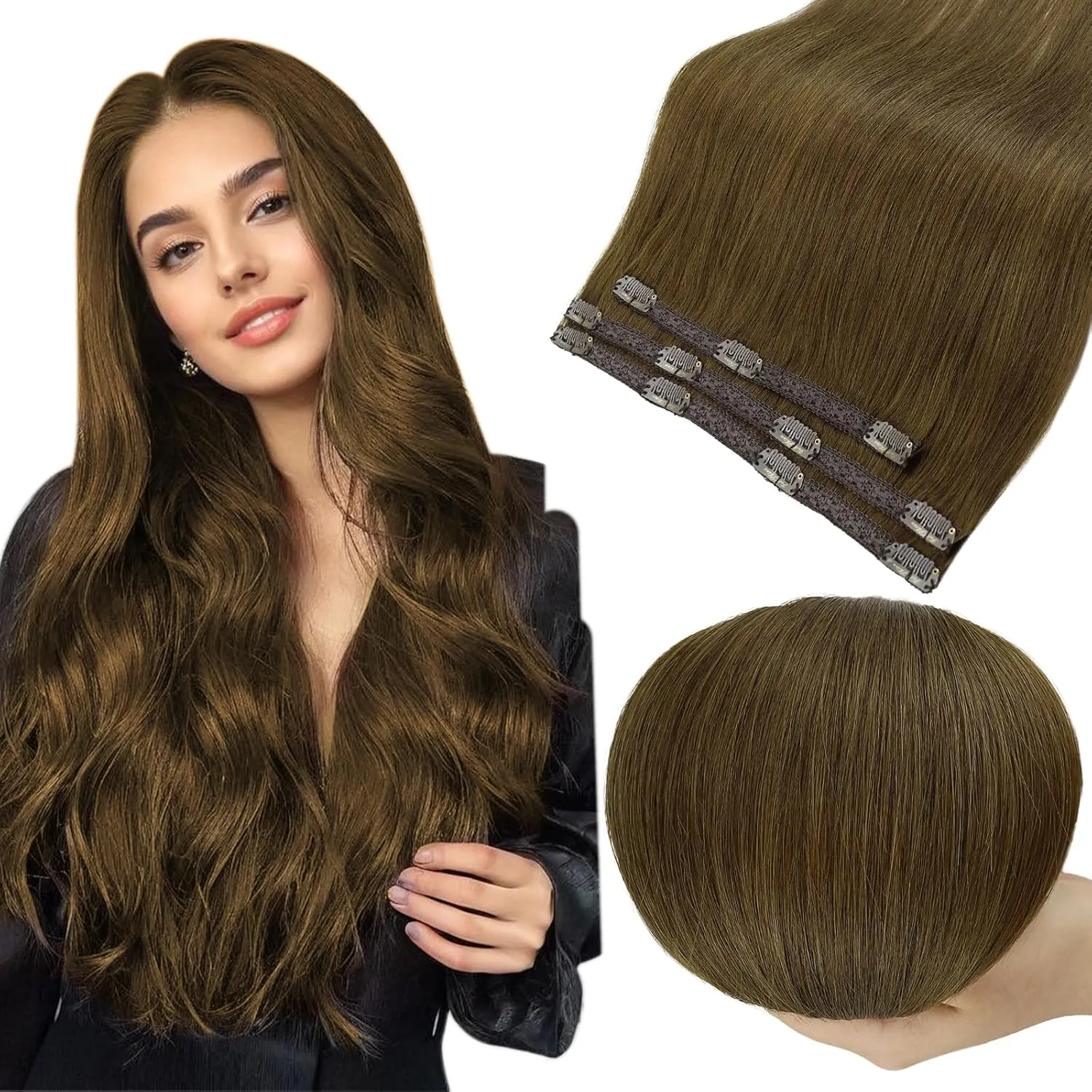Full Shine Clip in Hair Extensions Human Hair Clip in Brown Hair Extensions Medium Brown for Short Invisible Hair Clip in Extensions for Women Silky Straight 10 Inch 60 grams 3Pcs