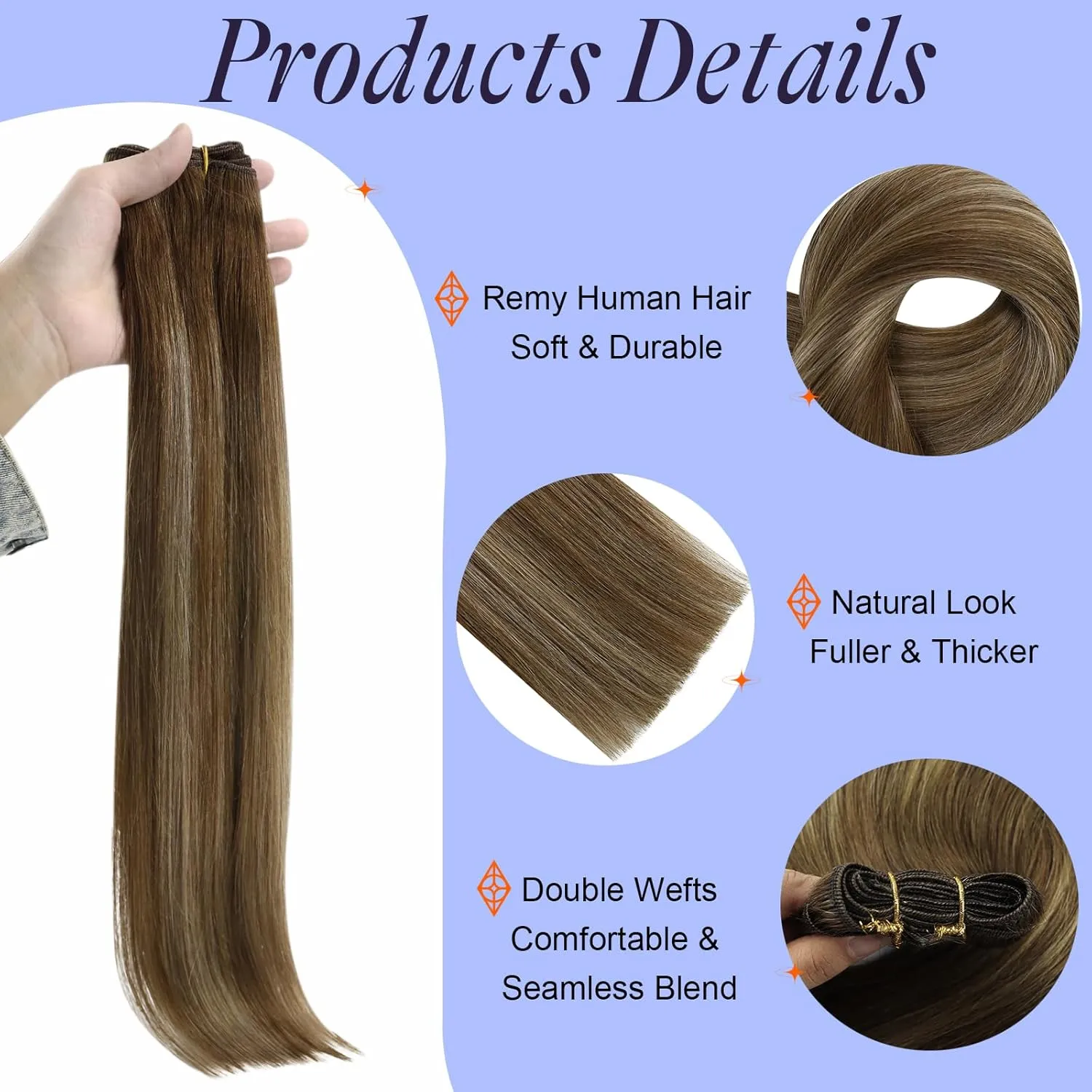 Full Shine Human Hair Extensions Sew in 20 Inch Weft Hair Extensions Human Hair Medium Brown Extensions Ombre to Caramel Blonde and Brown 105 Grams Remy Human Hair for Women Double Weft Hair