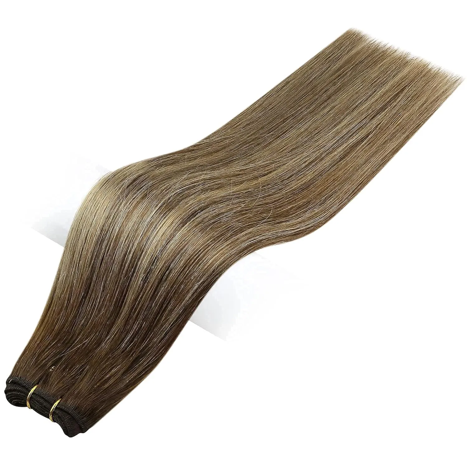 Full Shine Human Hair Extensions Sew in 20 Inch Weft Hair Extensions Human Hair Medium Brown Extensions Ombre to Caramel Blonde and Brown 105 Grams Remy Human Hair for Women Double Weft Hair