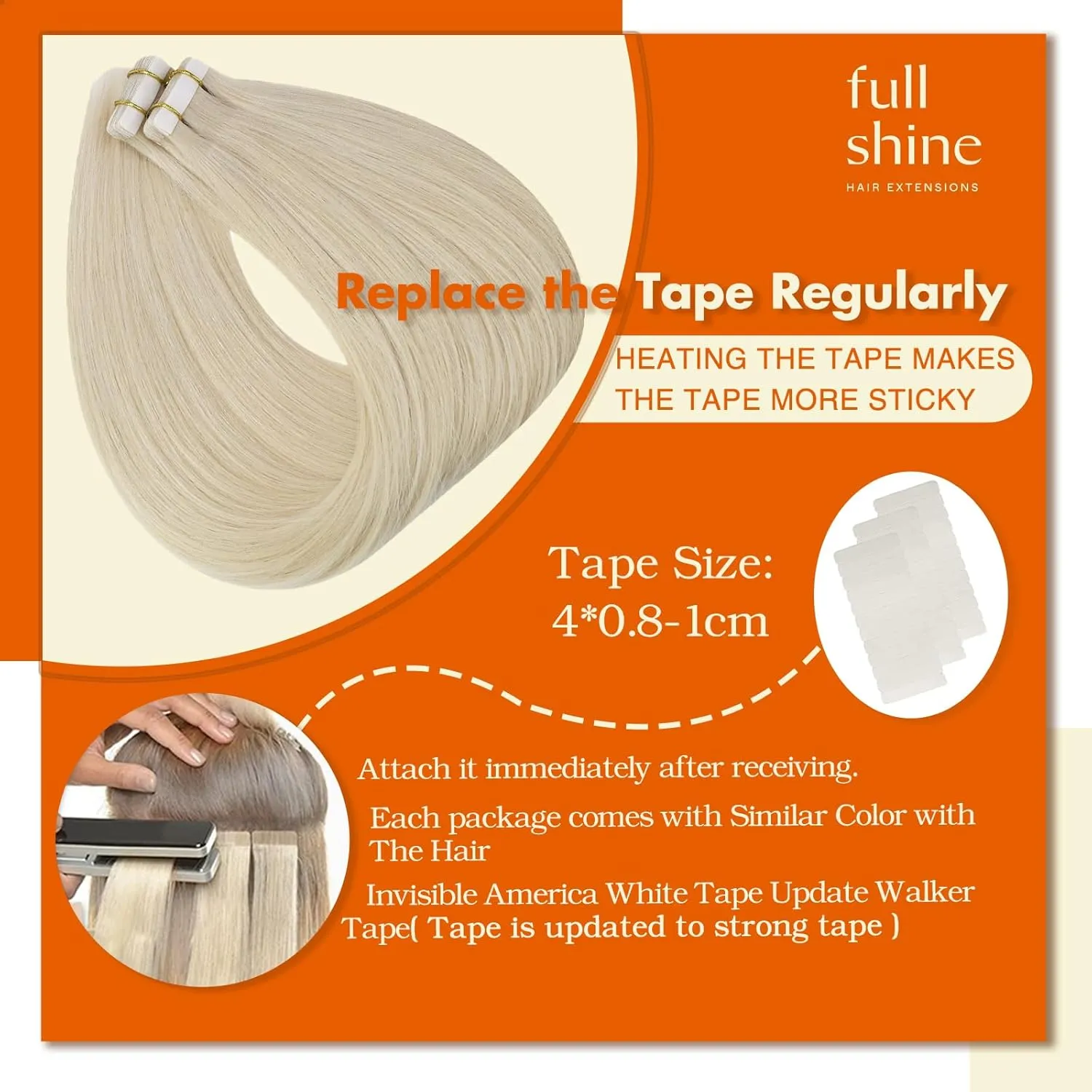 Full Shine Tape in Hair Extensions Platinum Blonde Color 60 Brazilian Remy Tape ins Human Hair Extensions 20 Inch Seamless Pu Tape ins Hair 50g 20 Pcs Hair Extension Real Human Hair Soft Human Hair