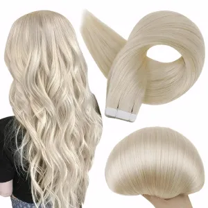 Full Shine Tape in Hair Extensions Platinum Blonde Color 60 Brazilian Remy Tape ins Human Hair Extensions 20 Inch Seamless Pu Tape ins Hair 50g 20 Pcs Hair Extension Real Human Hair Soft Human Hair