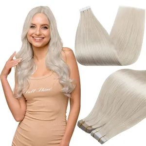 Full Shine Tape in Hair Extensions Silky Straight 18 Inch Color 1000 Blonde Adhesive Tape in Hair Extensions Human Hair 100 Percent Remy Human Hair Soft Glue in Brazilian Hair 20 Pcs 50 Grams
