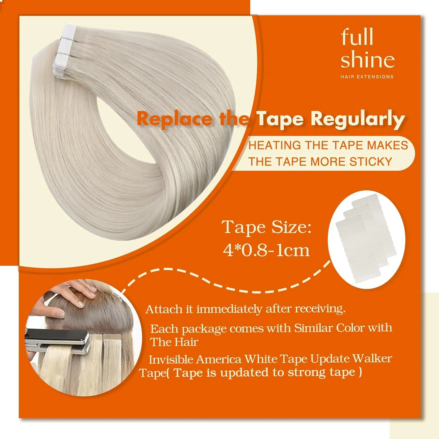 Full Shine Tape in Hair Extensions Silky Straight 18 Inch Color 1000 Blonde Adhesive Tape in Hair Extensions Human Hair 100 Percent Remy Human Hair Soft Glue in Brazilian Hair 20 Pcs 50 Grams