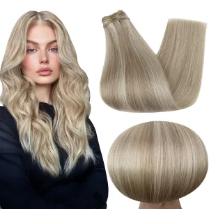 Full Shine Weft Hair Extensions Human Hair Blonde Hair Extensions Color #18/613 Ash Blonde Highlight Bleach Blonde Sew In Bundles Human Hair 12 Inch Extensions for Women Real Hair 80 Grams