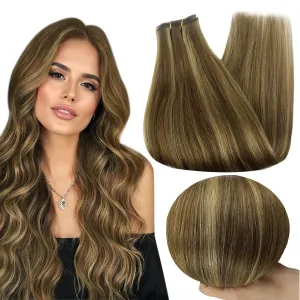 Full Shine Weft Hair Extensions Sew In Hair Extensions Real Human Hair Color #P4/27 Medium Brown Highlight Honey Blonde Bundles Human Hair 12 Inch for Women Real Hair 80 Grams