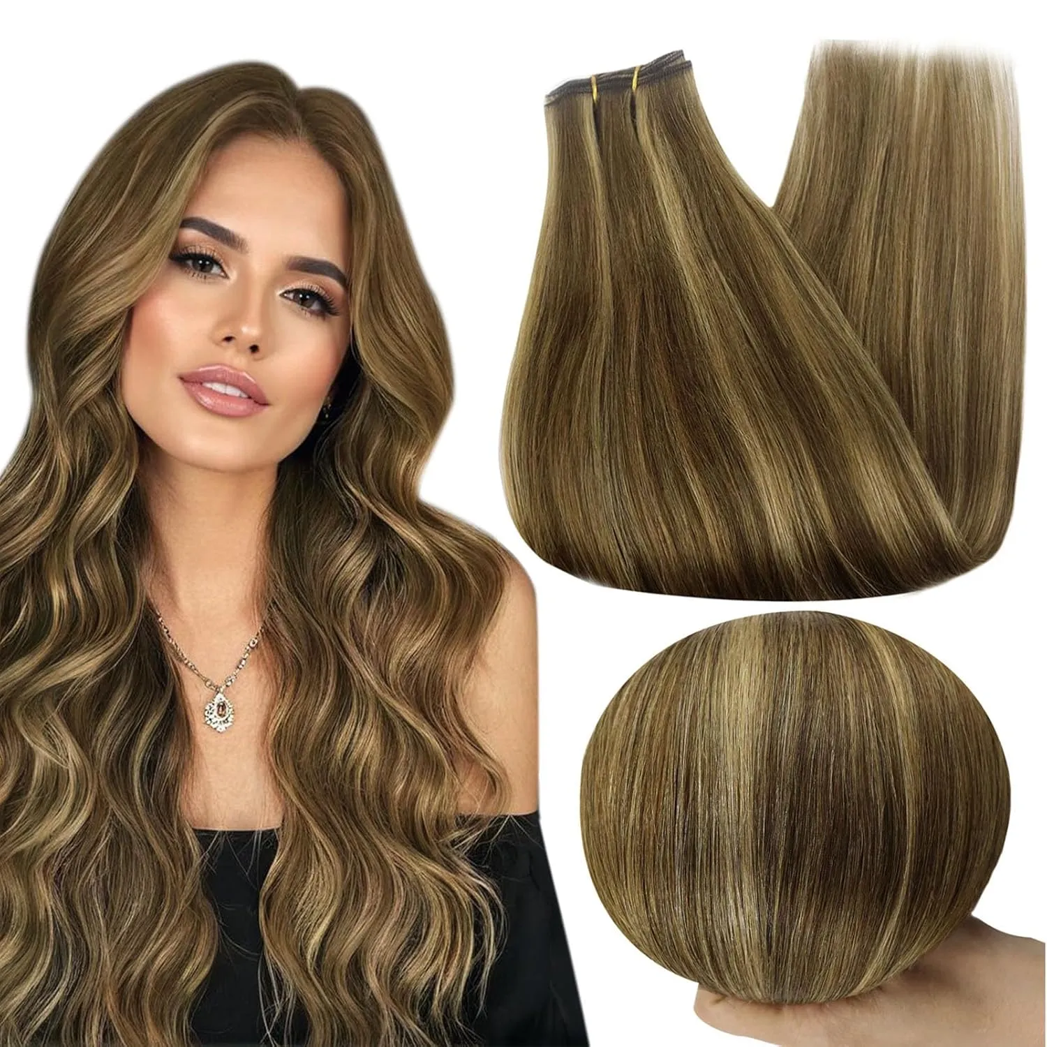 Full Shine Weft Hair Extensions Sew In Hair Extensions Real Human Hair Color #P4/27 Medium Brown Highlight Honey Blonde Bundles Human Hair 12 Inch for Women Real Hair 80 Grams