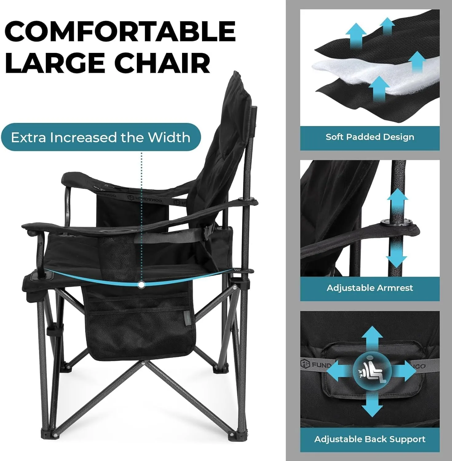 FUNDANGO Oversized Fold Camping Chair for Adults, 550 Lbs Portable Folding Beach Fishing Lawn Chair with Cushion seat & Back, 4-can Cooler&Cup Holder, Carry Bag Included for Outdoor (Black)