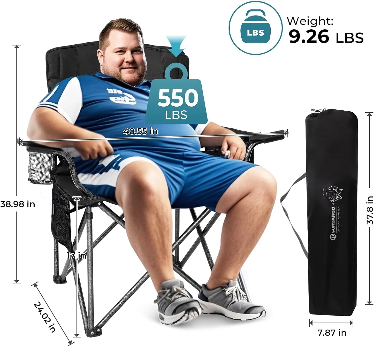 FUNDANGO Oversized Fold Camping Chair for Adults, 550 Lbs Portable Folding Beach Fishing Lawn Chair with Cushion seat & Back, 4-can Cooler&Cup Holder, Carry Bag Included for Outdoor (Black)