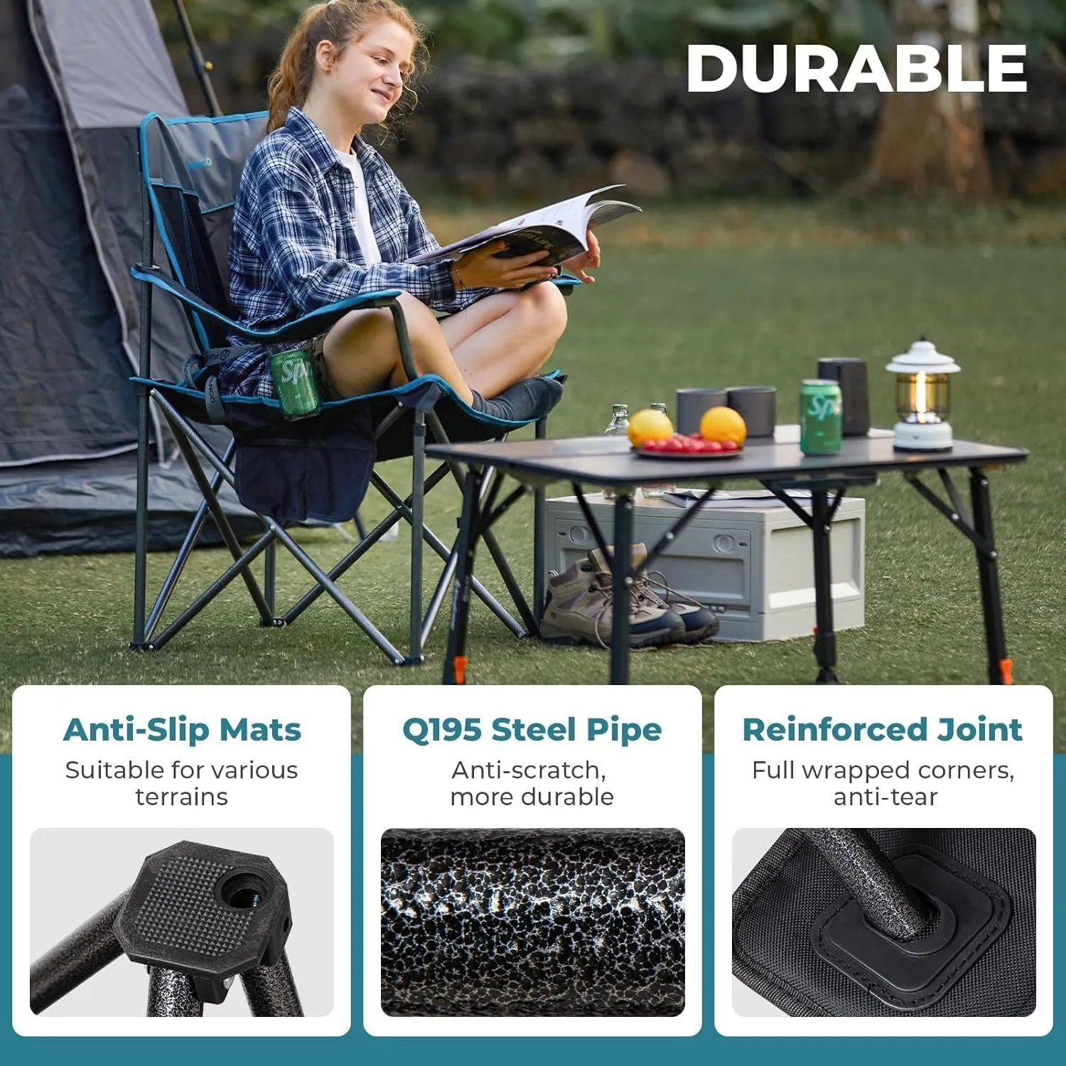 FUNDANGO Oversized Fold Camping Chair for Adults, 550 Lbs Portable Folding Beach Fishing Lawn Chair with Cushion seat & Back, 4-can Cooler&Cup Holder, Carry Bag Included for Outdoor (Black)