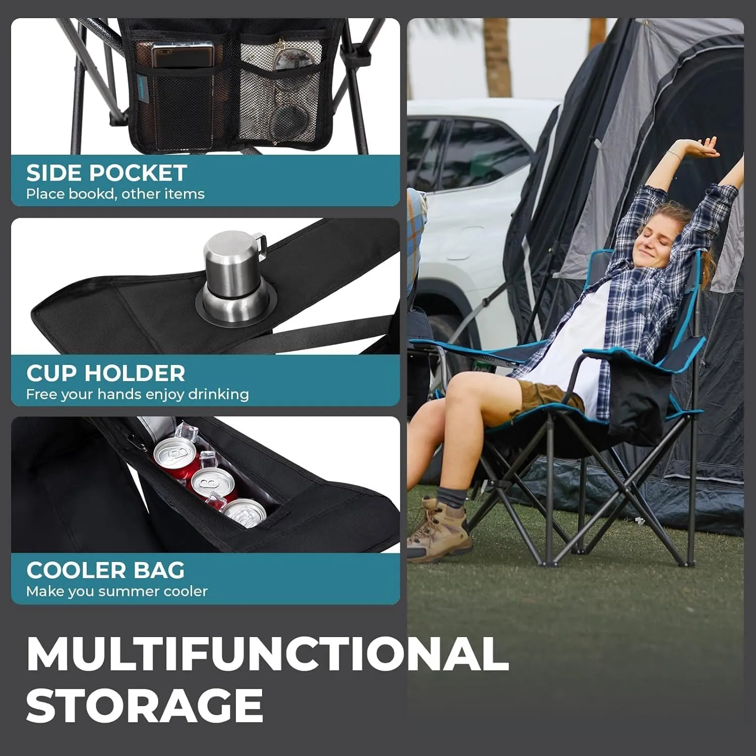 FUNDANGO Oversized Fold Camping Chair for Adults, 550 Lbs Portable Folding Beach Fishing Lawn Chair with Cushion seat & Back, 4-can Cooler&Cup Holder, Carry Bag Included for Outdoor (Black)