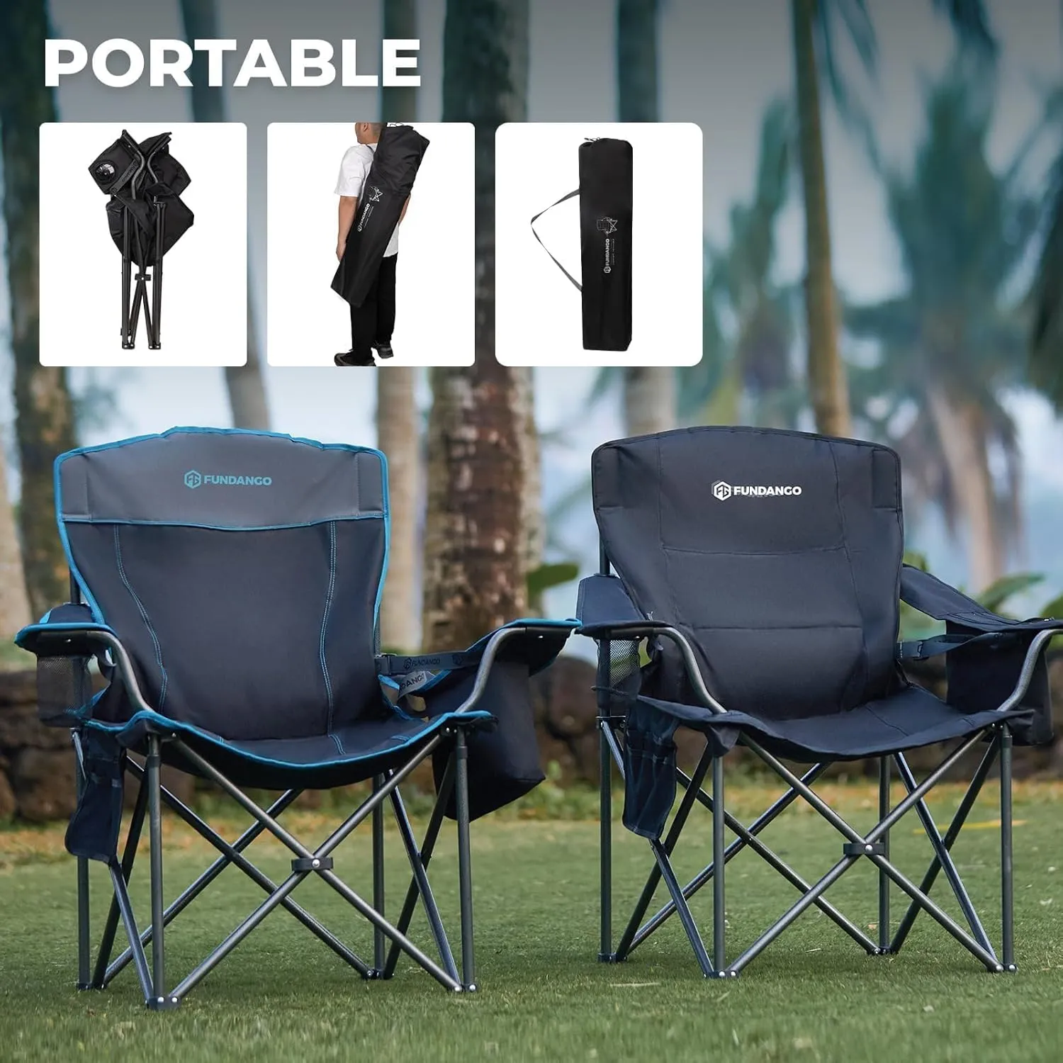 FUNDANGO Oversized Fold Camping Chair for Adults, 550 Lbs Portable Folding Beach Fishing Lawn Chair with Cushion seat & Back, 4-can Cooler&Cup Holder, Carry Bag Included for Outdoor (Black)