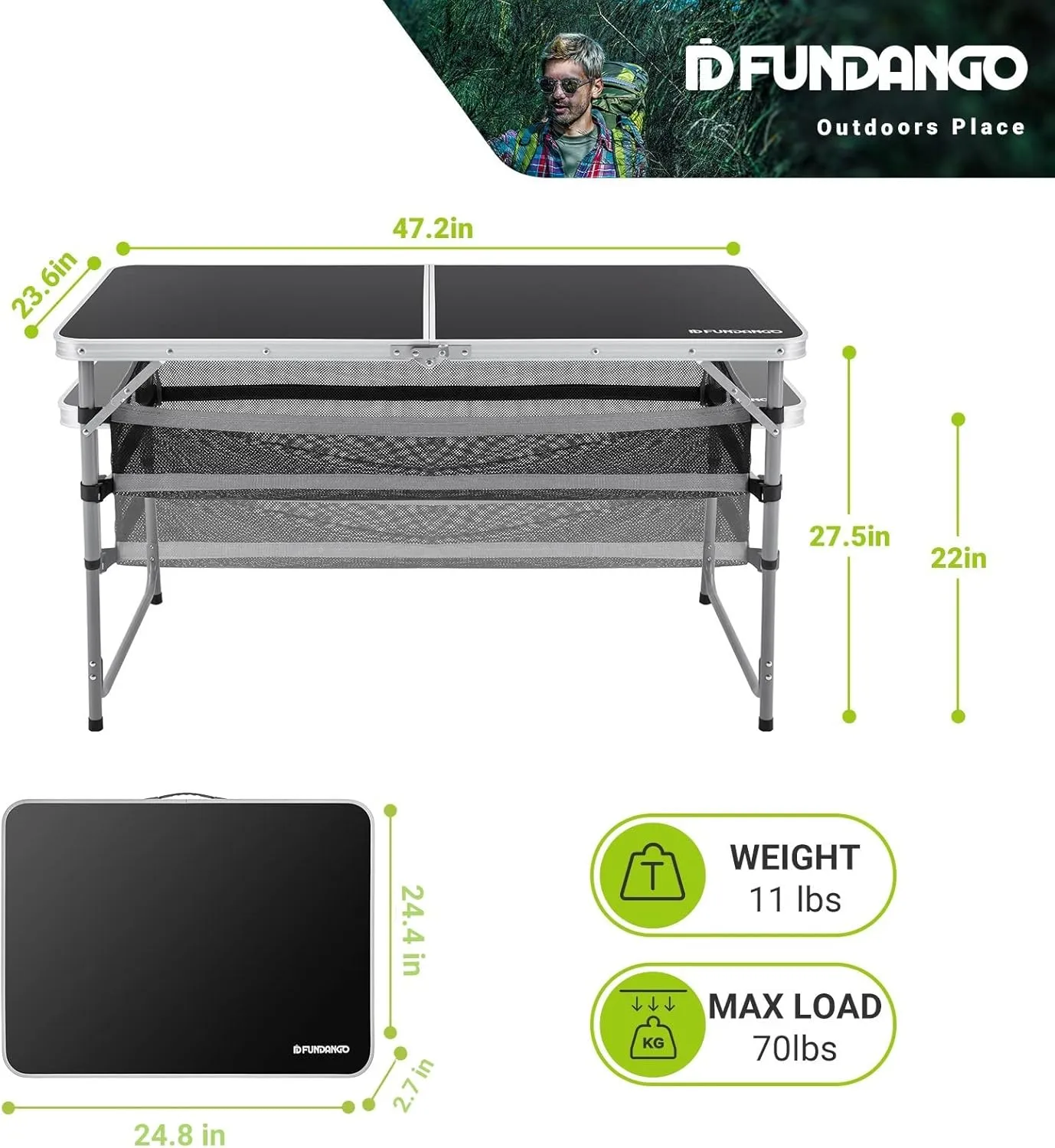 FUNDANGO Small Folding Table, Portable Lightweight Picnic Foldable Card Tables with Carry Handle for Outdoor Hiking BBQ Beach Backyard